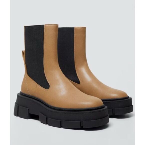 Mango PU Leather Track Sole Contrast Chelsea Andy Boots Camel Tan Black Size 38 - Picture 1 of 6
